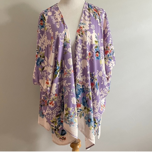 Lavender Floral Open Kimono Cardigan layering top boho peasant beachy prairie - Picture 5 of 5